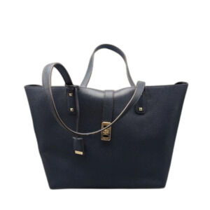 Michael Kors Navy Blue Pebbled Leather Large Turn-Lock Tote Bag